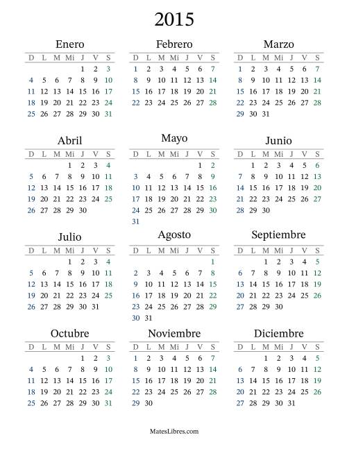 La hoja de ejercicios de Calendario del Año 2015 con el domingo como primer día (2015)