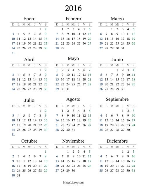 La hoja de ejercicios de Calendario del Año 2016 con el domingo como primer día (2016)