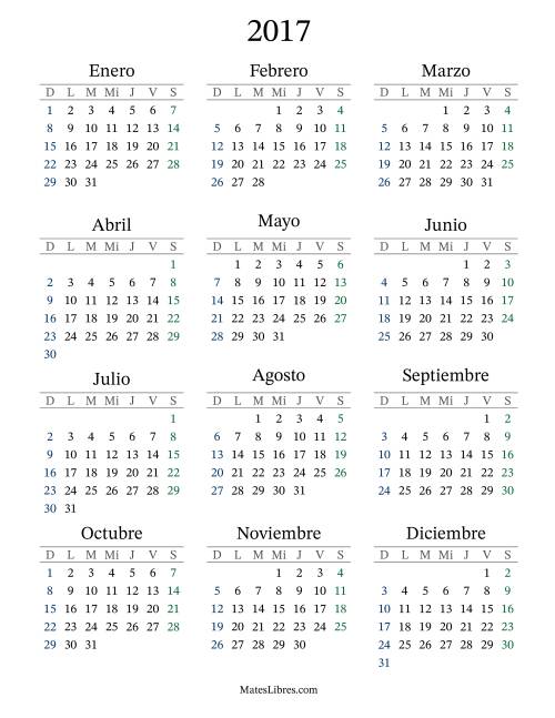 La hoja de ejercicios de Calendario del Año 2017 con el domingo como primer día (2017)