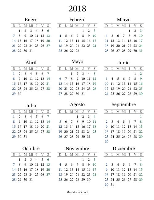 La hoja de ejercicios de Calendario del Año 2018 con el domingo como primer día (2018)