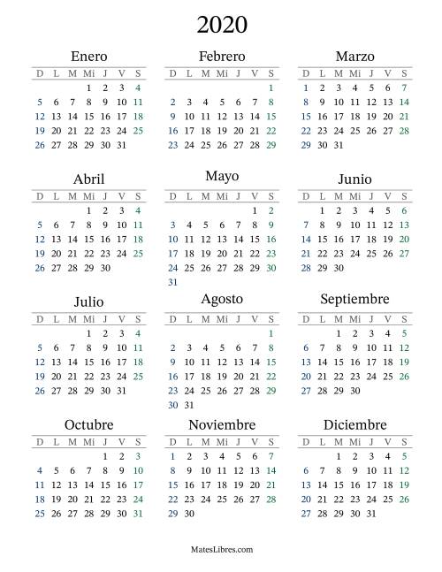 La hoja de ejercicios de Calendario del Año 2020 con el domingo como primer día (2020)
