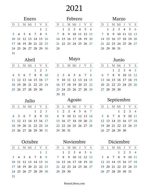 La hoja de ejercicios de Calendario del Año 2021 con el domingo como primer día (2021)