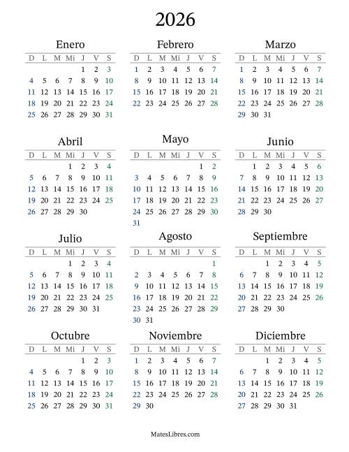 La hoja de ejercicios de Calendario del Año 2026 con el domingo como primer día (2026)
