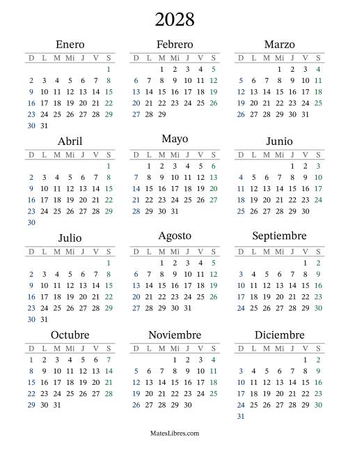 La hoja de ejercicios de Calendario del Año 2028 con el domingo como primer día (2028)