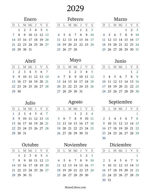 La hoja de ejercicios de Calendario del Año 2029 con el domingo como primer día (2029)