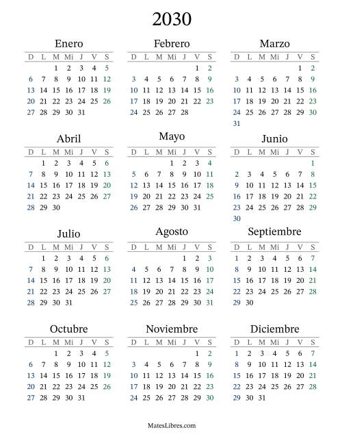 La hoja de ejercicios de Calendario del Año 2030 con el domingo como primer día (2030)