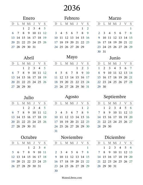 La hoja de ejercicios de Calendario del Año 2036 con el domingo como primer día (2036)