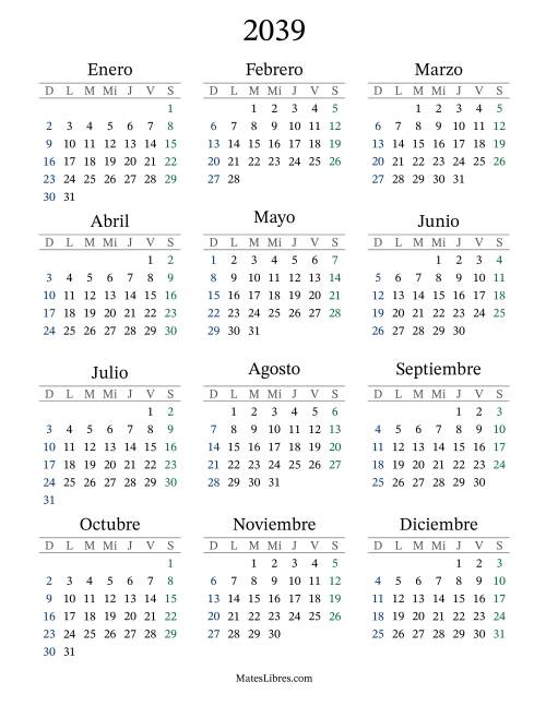 La hoja de ejercicios de Calendario del Año 2039 con el domingo como primer día (2039)