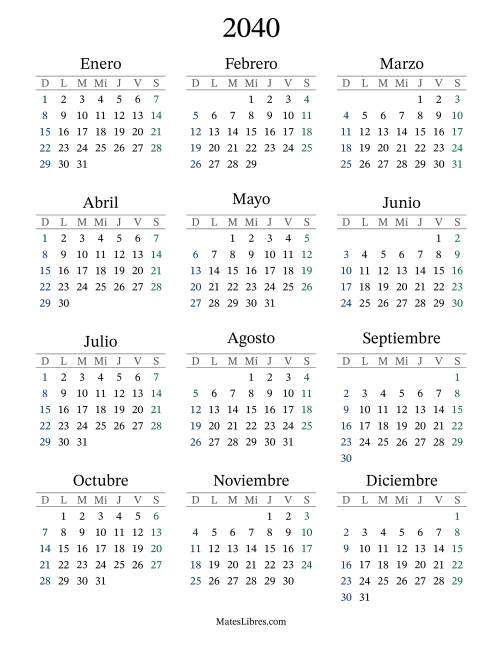 La hoja de ejercicios de Calendario del Año 2040 con el domingo como primer día (2040)