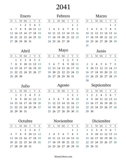 La hoja de ejercicios de Calendario del Año 2041 con el domingo como primer día (2041)