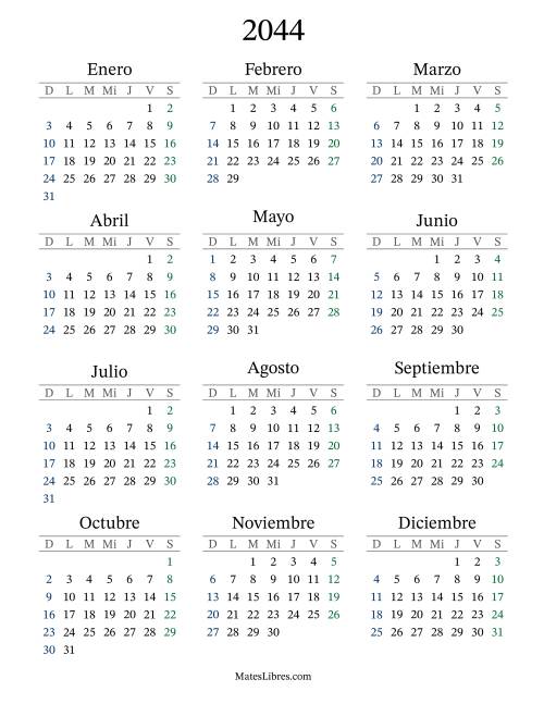 La hoja de ejercicios de Calendario del Año 2044 con el domingo como primer día (2044)