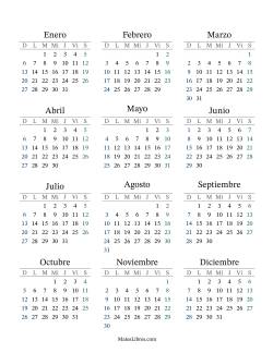 (Título Rellenable) Calendario General Bisiesto con el 1 de enero que cae en Martes (Formato de Domingo a Sábado)