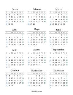 (Título Rellenable) Calendario General Anual con el 1 de enero que cae en Domingo (Formato de Domingo a Sábado)