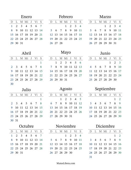 La hoja de ejercicios de (Título Rellenable) Calendario General Anual con el 1 de enero que cae en Domingo (Formato de Domingo a Sábado) (Domingo)