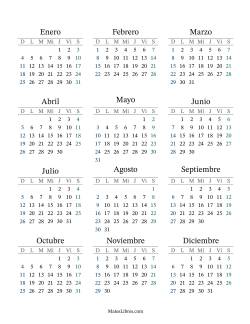 (Título Rellenable) Calendario General Anual con el 1 de enero que cae en Jueves (Formato de Domingo a Sábado)