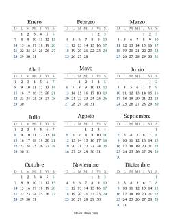 (Título Rellenable) Calendario General Anual con el 1 de enero que cae en Lunes (Formato de Domingo a Sábado)