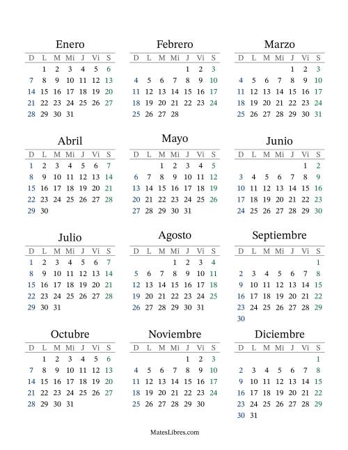 La hoja de ejercicios de (Título Rellenable) Calendario General Anual con el 1 de enero que cae en Lunes (Formato de Domingo a Sábado) (Lunes)
