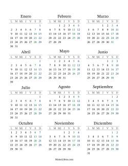 (Título Rellenable) Calendario General Bisiesto con el 1 de enero que cae en Domingo (Formato de Lunes a Domingo)