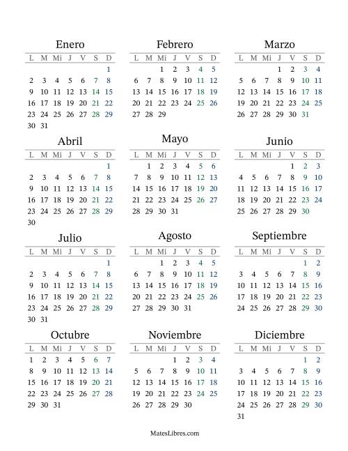 La hoja de ejercicios de (Título Rellenable) Calendario General Bisiesto con el 1 de enero que cae en Domingo (Formato de Lunes a Domingo) (Domingo)