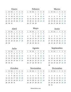 (Título Rellenable) Calendario General Bisiesto con el 1 de enero que cae en Lunes (Formato de Lunes a Domingo)