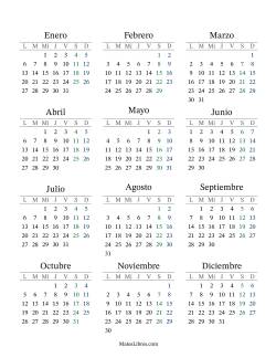 (Título Rellenable) Calendario General Bisiesto con el 1 de enero que cae en Miércoles (Formato de Lunes a Domingo)