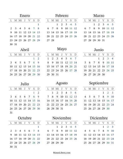 La hoja de ejercicios de (Título Rellenable) Calendario General Anual con el 1 de enero que cae en Domingo (Formato de Lunes a Domingo) (Domingo)
