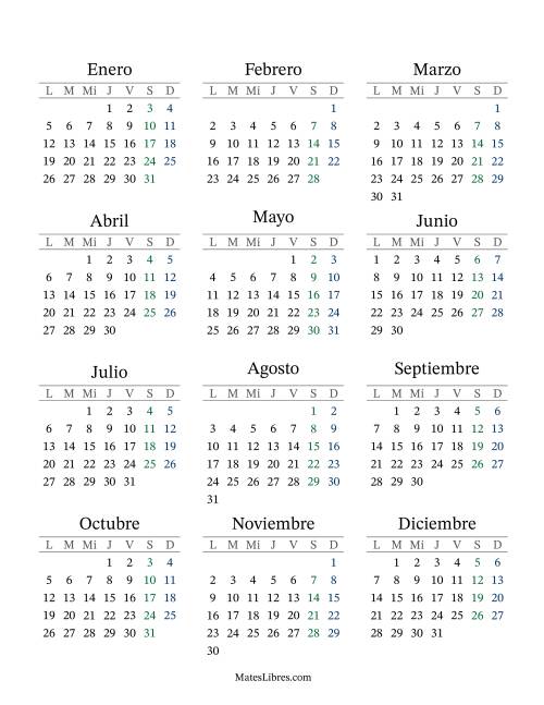 La hoja de ejercicios de (Título Rellenable) Calendario General Anual con el 1 de enero que cae en Jueves (Formato de Lunes a Domingo) (Jueves)