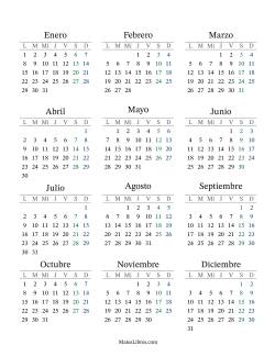 (Título Rellenable) Calendario General Anual con el 1 de enero que cae en Lunes (Formato de Lunes a Domingo)