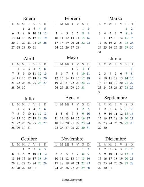 La hoja de ejercicios de (Título Rellenable) Calendario General Anual con el 1 de enero que cae en Miércoles (Formato de Lunes a Domingo) (Miércoles)