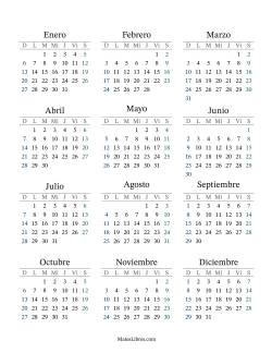 (Título Rellenable) Calendario General Anual con el 1 de enero que cae en Martes (Formato de Domingo a Sábado)