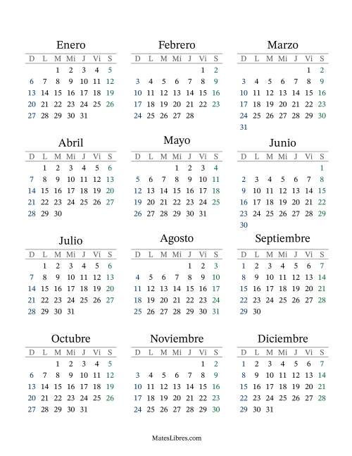 La hoja de ejercicios de (Título Rellenable) Calendario General Anual con el 1 de enero que cae en Martes (Formato de Domingo a Sábado) (Martes)