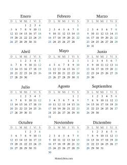 (Título Rellenable) Calendario General Anual con el 1 de enero que cae en Miércoles (Formato de Domingo a Sábado)