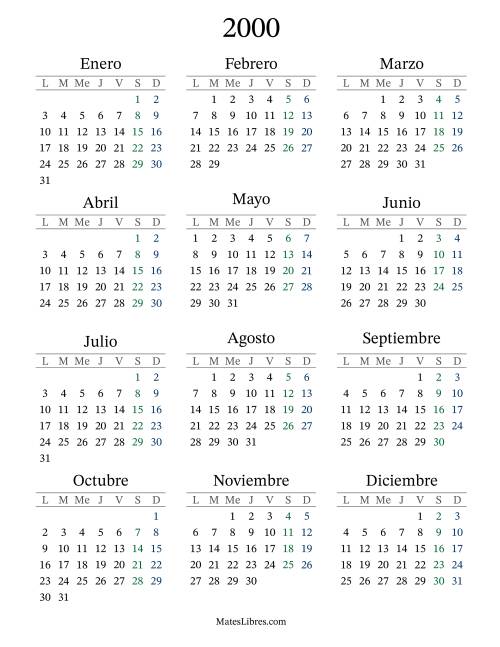 La hoja de ejercicios de Calendario del Año 2000 con el lunes com primer día (2000)