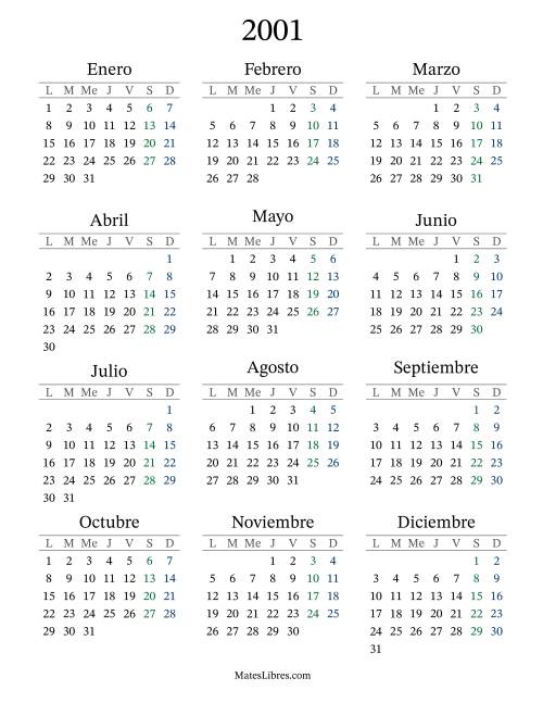 La hoja de ejercicios de Calendario del Año 2001 con el lunes com primer día (2001)