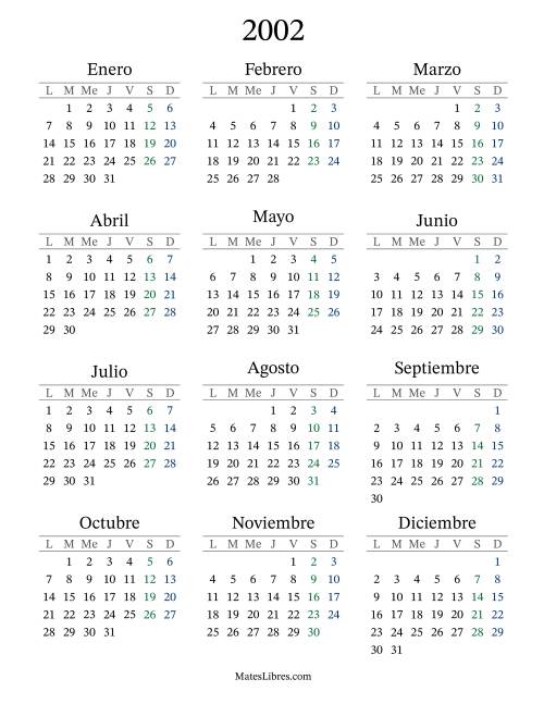 La hoja de ejercicios de Calendario del Año 2002 con el lunes com primer día (2002)