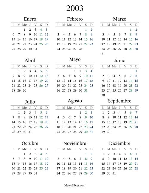 La hoja de ejercicios de Calendario del Año 2003 con el lunes com primer día (2003)