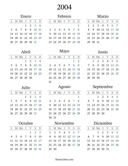 La hoja de ejercicios de Calendario del Año 2004 con el lunes com primer día (2004)