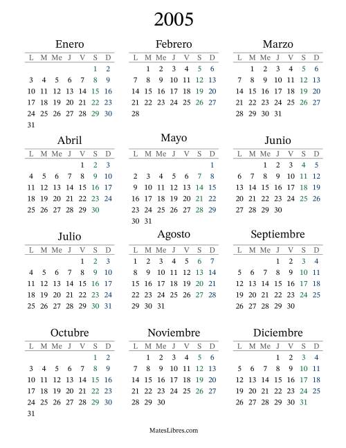 La hoja de ejercicios de Calendario del Año 2005 con el lunes com primer día (2005)