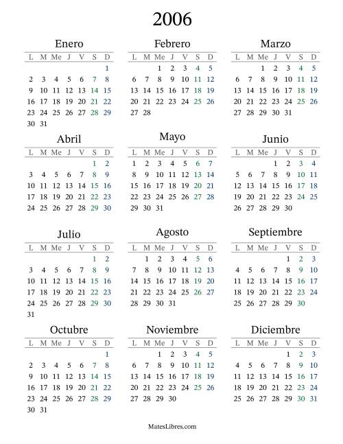 La hoja de ejercicios de Calendario del Año 2006 con el lunes com primer día (2006)