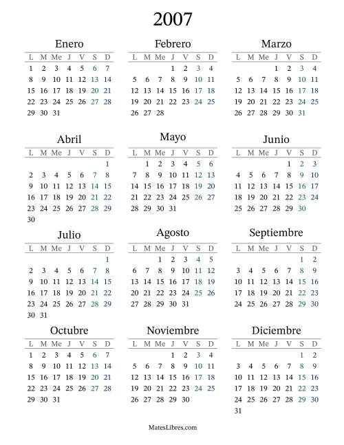 La hoja de ejercicios de Calendario del Año 2007 con el lunes com primer día (2007)
