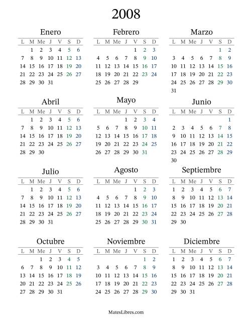 La hoja de ejercicios de Calendario del Año 2008 con el lunes com primer día (2008)