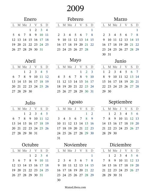 La hoja de ejercicios de Calendario del Año 2009 con el lunes com primer día (2009)