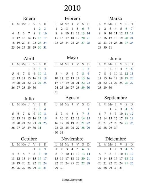 La hoja de ejercicios de Calendario del Año 2010 con el lunes com primer día (2010)