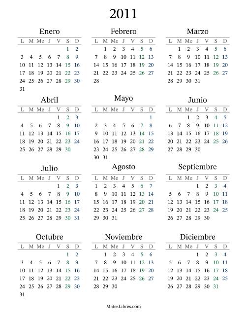 La hoja de ejercicios de Calendario del Año 2011 con el lunes com primer día (2011)
