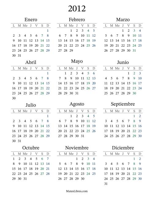 La hoja de ejercicios de Calendario del Año 2012 con el lunes com primer día (2012)