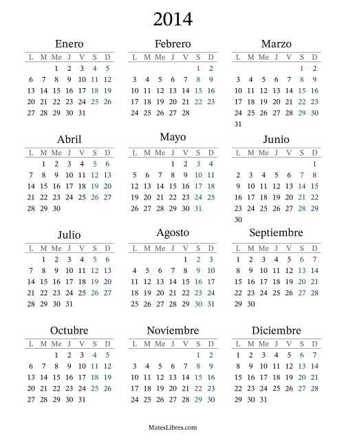La hoja de ejercicios de Calendario del Año 2014 con el lunes com primer día (2014)