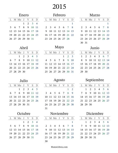 La hoja de ejercicios de Calendario del Año 2015 con el lunes com primer día (2015)