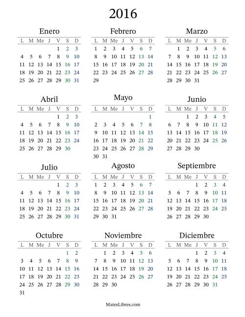 La hoja de ejercicios de Calendario del Año 2016 con el lunes com primer día (2016)