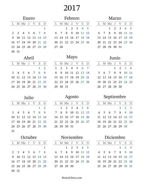 La hoja de ejercicios de Calendario del Año 2017 con el lunes com primer día (2017)