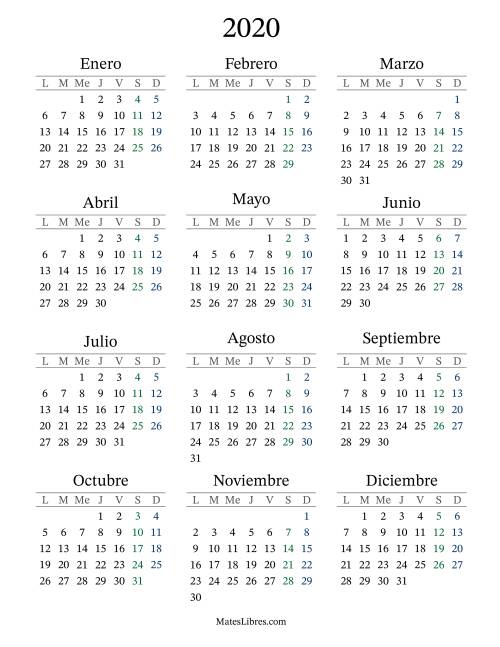 La hoja de ejercicios de Calendario del Año 2020 con el lunes com primer día (2020)